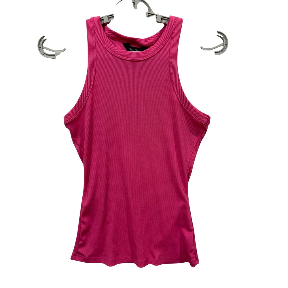ChicMe Womens Pink‎ Ribbed Tank Top High Neck Sleeveless Slim Fit MJ0433 Size S